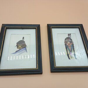Pair 1960's CHRISTOFFERSEN Native American Indian Children Art Prints Framed
